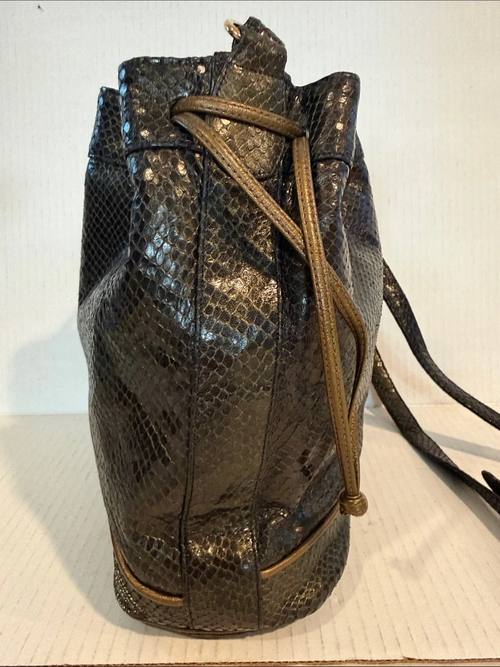 Sharif Black  & Bronze Textured Drawstring Vintage Bucket Crossbody Bag